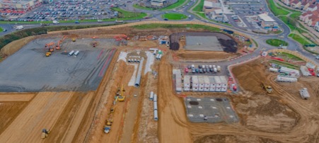 Drone photographs of Stane Retail Park under construction.