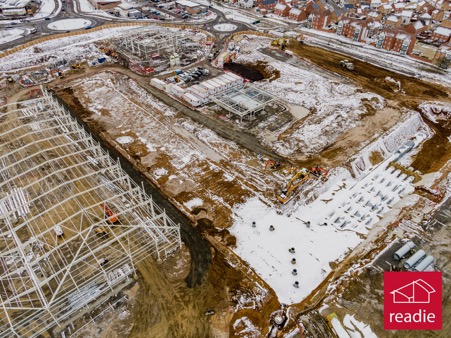 Drone photographs of Stane Retail Park under construction showing the steelwork for B&Q and Unit C.
